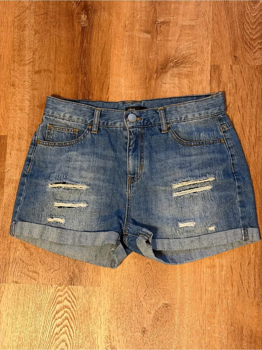 Aqua Light Blue Distressed Rolled-Hem Denim Shorts